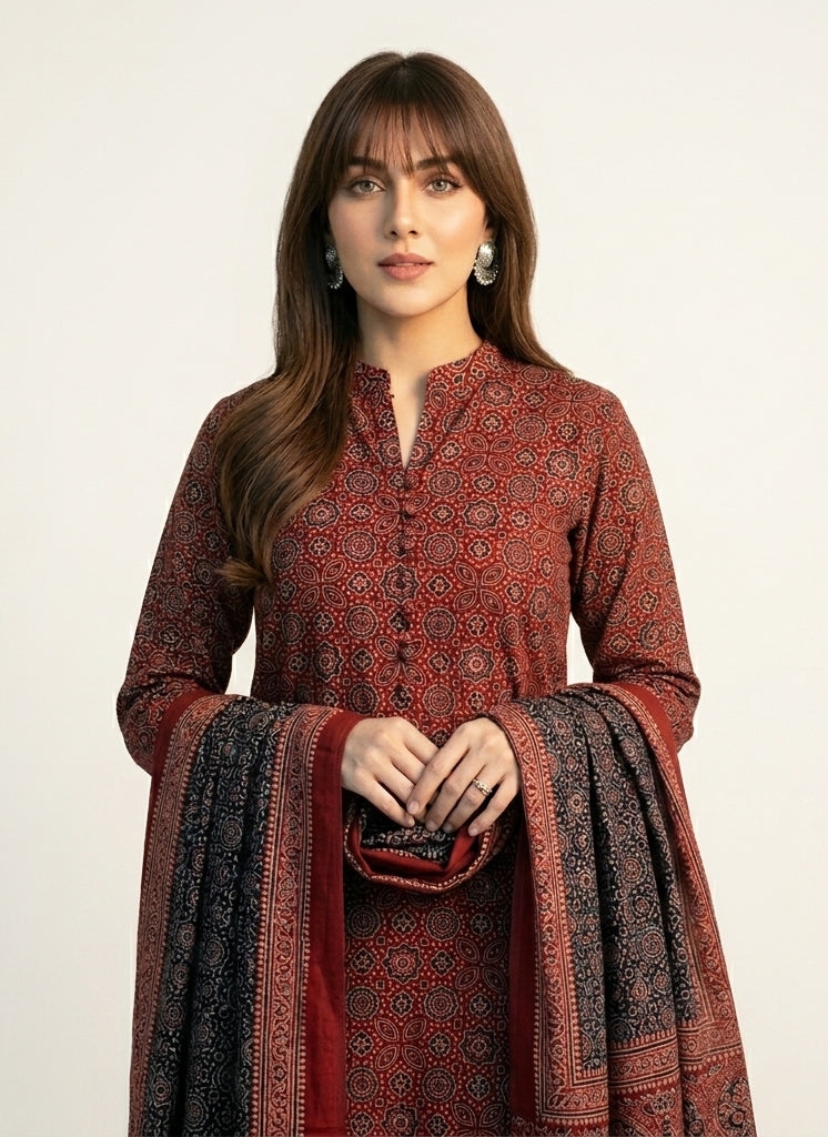 Ajrak Phulli Contrast – Luxury Organic Dye Hand Block Printed Ajrak Design Dress Two-Piece Lawn