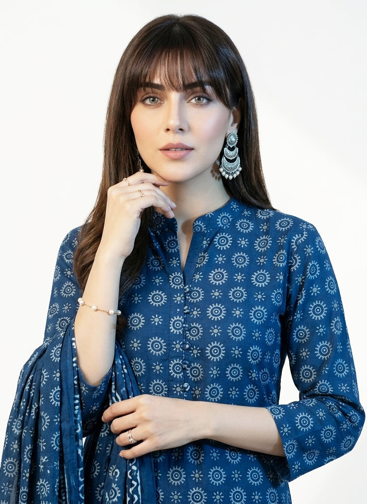 Ajrak Floral Indigo – Organic Dye Hand Block Printed Lawn Fabric