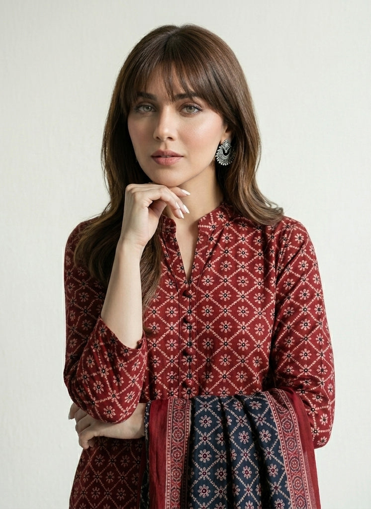 Ajrak Floral Red & Black Two-Piece – Hand Block Printed Lawn Shirt & Dupatta (Unstitched)