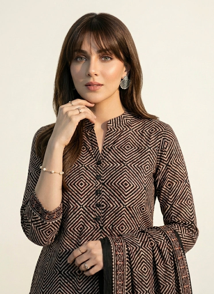 Organic Dye Ajrak Ikat – Hand Block Printed Unstitched Two-Piece (Shirt & Dupatta) Premium Lawn | Ajrak Design Dress