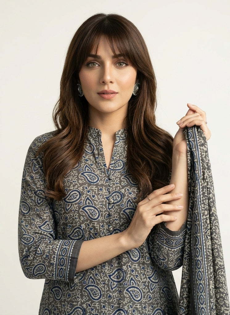 Organic Dye Ajrak Grey Floral Paisley Two-Piece – Hand Block Printed Unstitched Lawn Set | Ajrak Design Dress