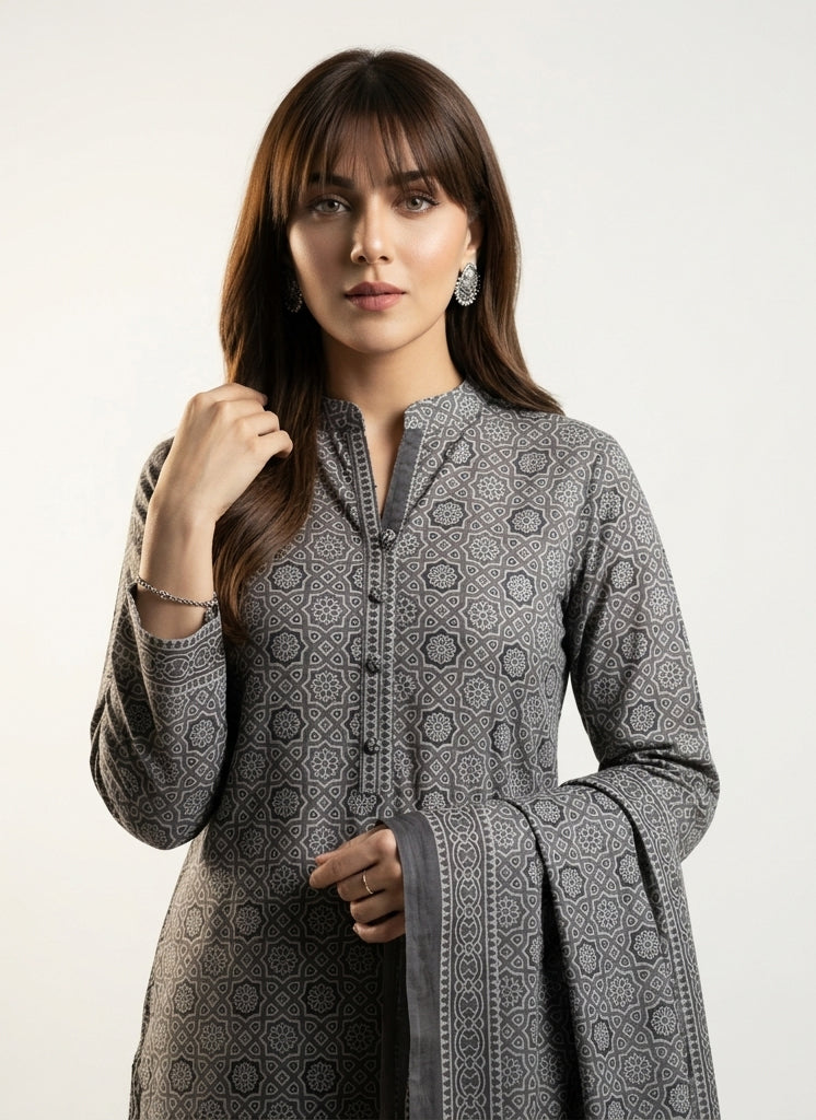 Ajrak Design Dress Grey Moroccan – Organic Dye Hand Block Printed Two‑Piece (Lawn)