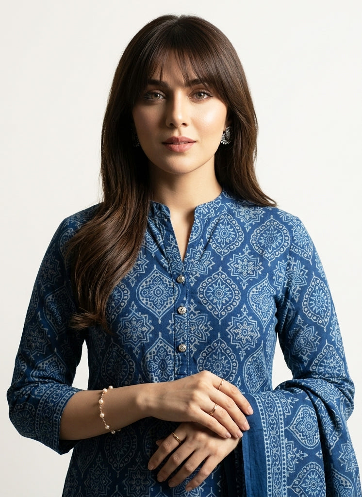 Ajrak Indigo Badam – Organic Dye Hand Block Printed Unstitched Two-Piece Lawn