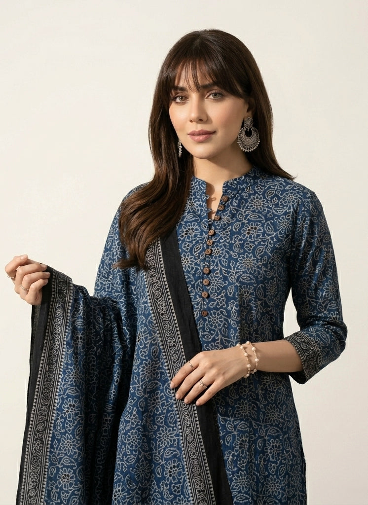Ajrak Indigo Floral Unstitched Two-Piece – Organic Dye Hand Block Printed Lawn