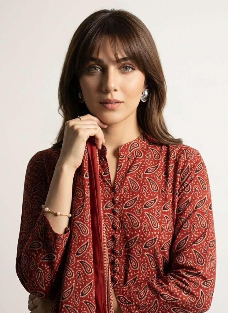 Ajrak Kerry Sharp Red – Organic Dye Hand Block Printed Unstitched Two-Piece (Shirt & Dupatta) | Ajrak Design Dress