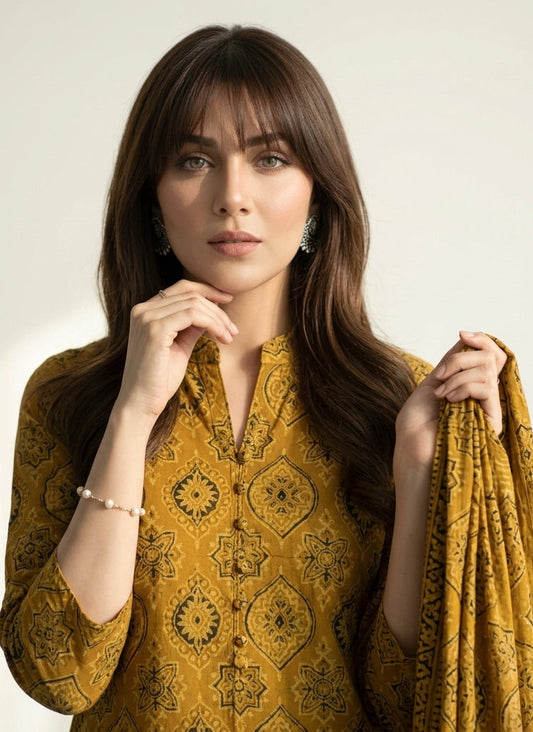 Ajrak Mustard Badam – Organic Dye Hand Block Printed Lawn Two-Piece (Shirt & Dupatta) | Ajrak Design Dress