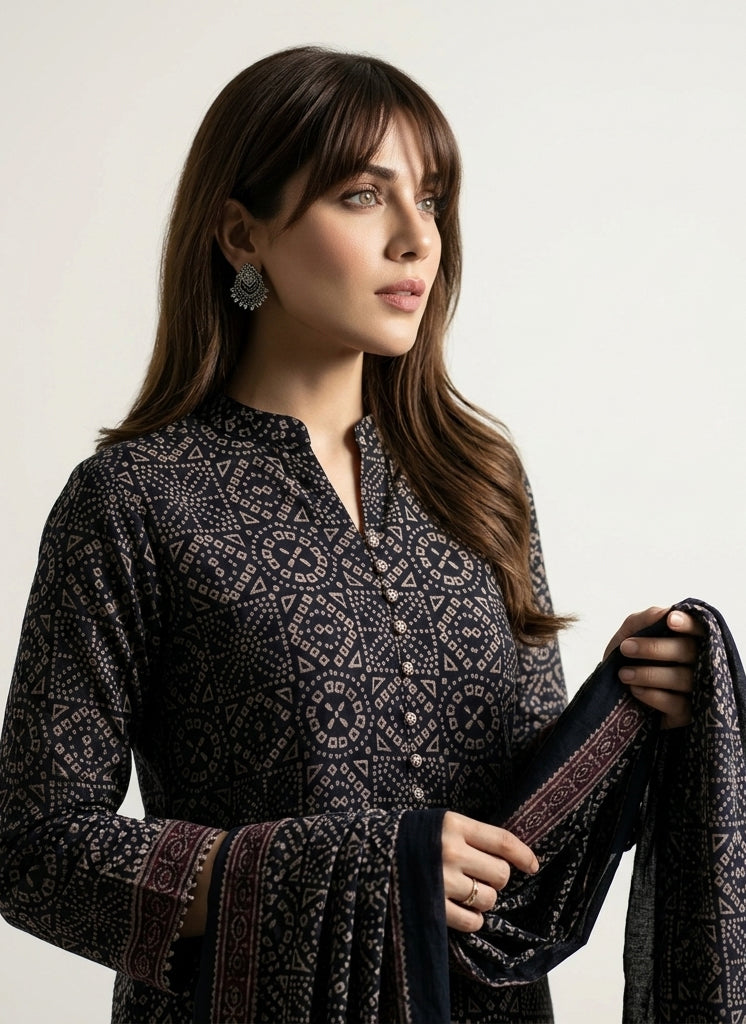 Organic Dye Hand Block Printed Ajrak Black Chunri Two-Piece – Unstitched Shirt & Dupatta