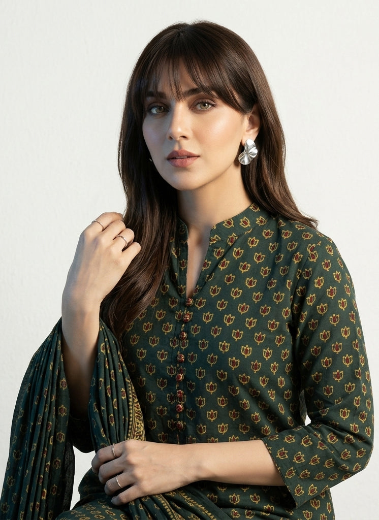 Ajrak Design Dress – Organic Dyed Hand Block Printed Green with Maroon Filling Tiny Lotus Flowers Unstitched Lawn Two-Piece