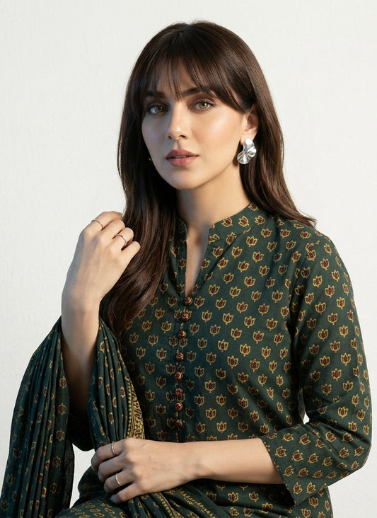Ajrak Design Dress – Organic Dyed Hand Block Printed Green with Maroon Filling Tiny Lotus Flowers Unstitched Lawn Two-Piece