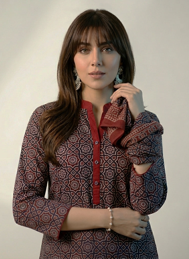 Organic Dye Hand Block Print Ajrak Lawn Dress – Moroccan Black Contrast Shirt & Dupatta (Unstitched, 2.5m Each)