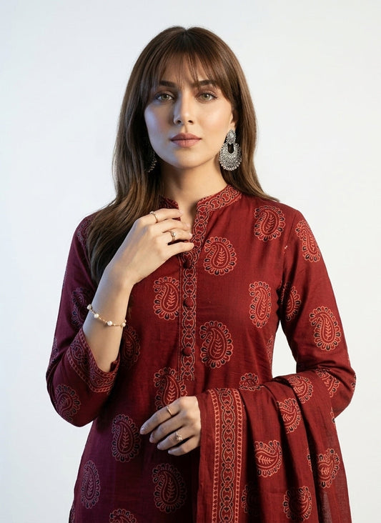 Ajrak Anbi Redish Maroon Organic Dye  Two-Piece – Luxury Hand Block Print Ajrak Design Dress
