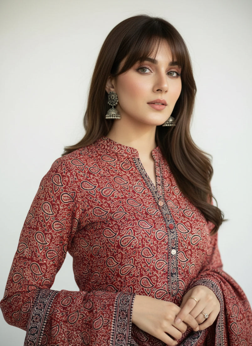 Ajrak Design Dress – Paisley Bandana Print, Lawn (Unstitched Two-Piece)