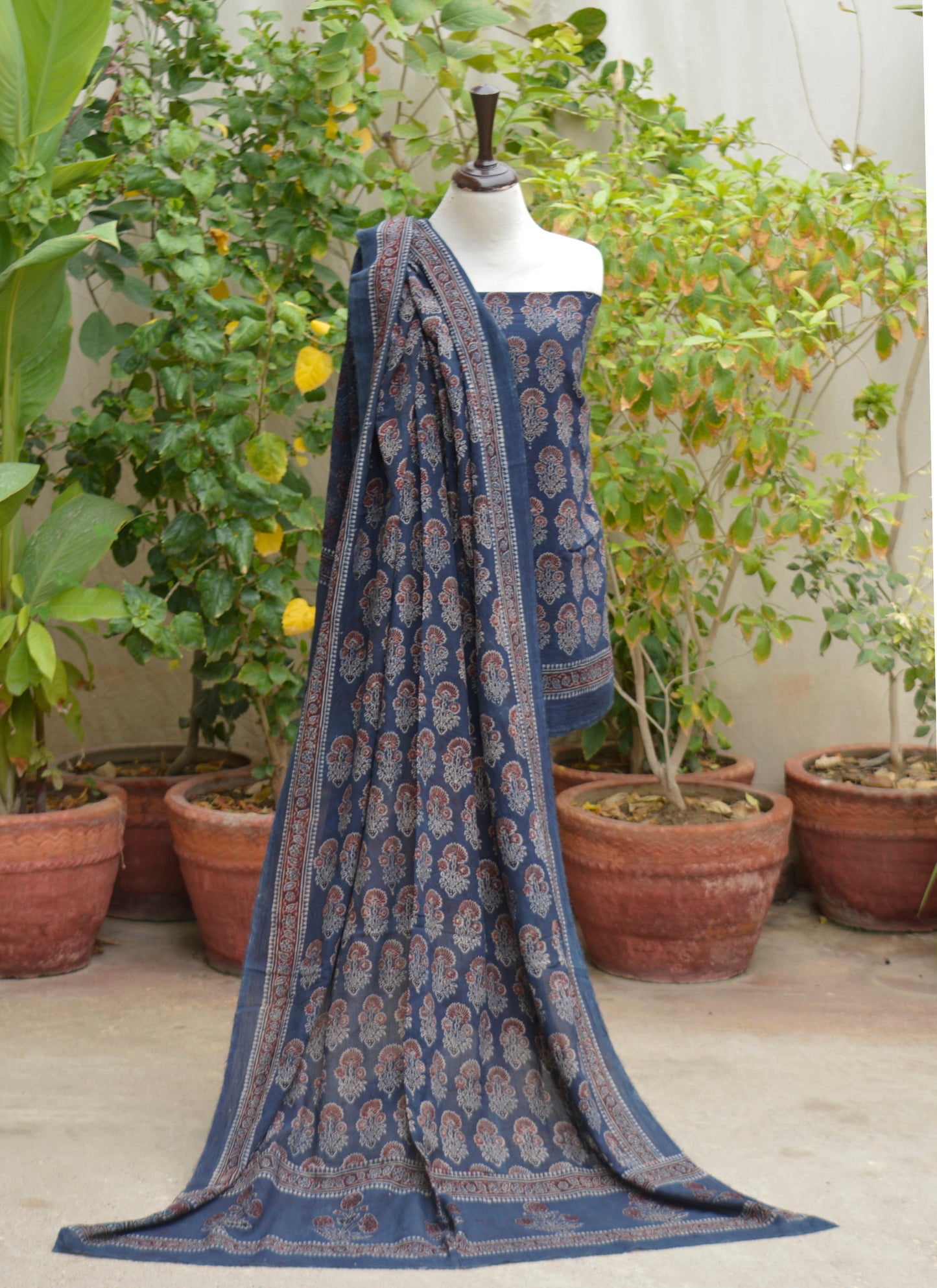 Organic Dye Hand Block Printed Ajrak Dark Blue Floral Butta with Maroon Filling – Unstitched Lawn Two-Piece (Shirt & Dupatta)
