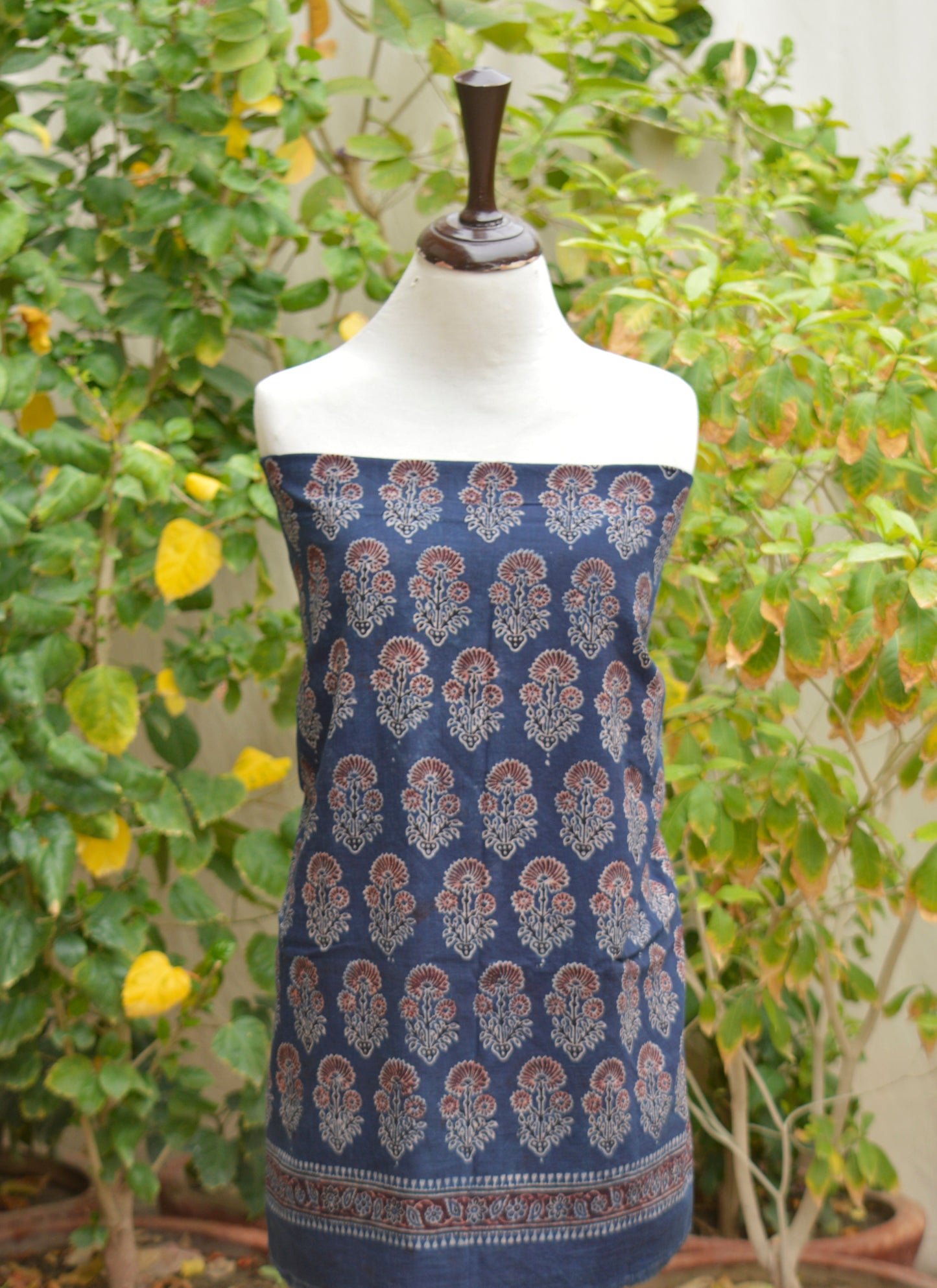 Organic Dye Hand Block Printed Ajrak Dark Blue Floral Butta with Maroon Filling – Unstitched Lawn Two-Piece (Shirt & Dupatta)