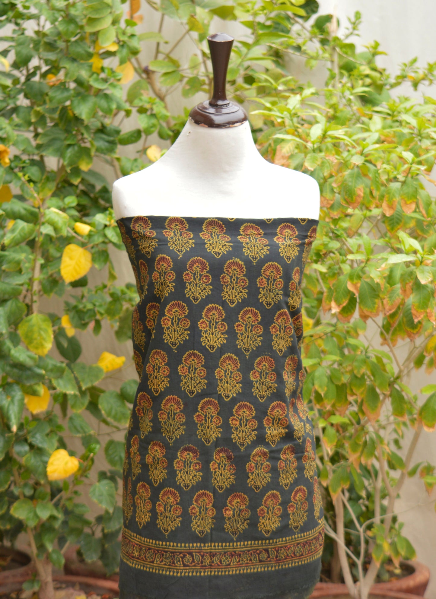 Organic Dye Hand Block Printed Ajrak Green Floral Butta with Maroon Filling – Unstitched Lawn Two-Piece (Shirt & Dupatta)