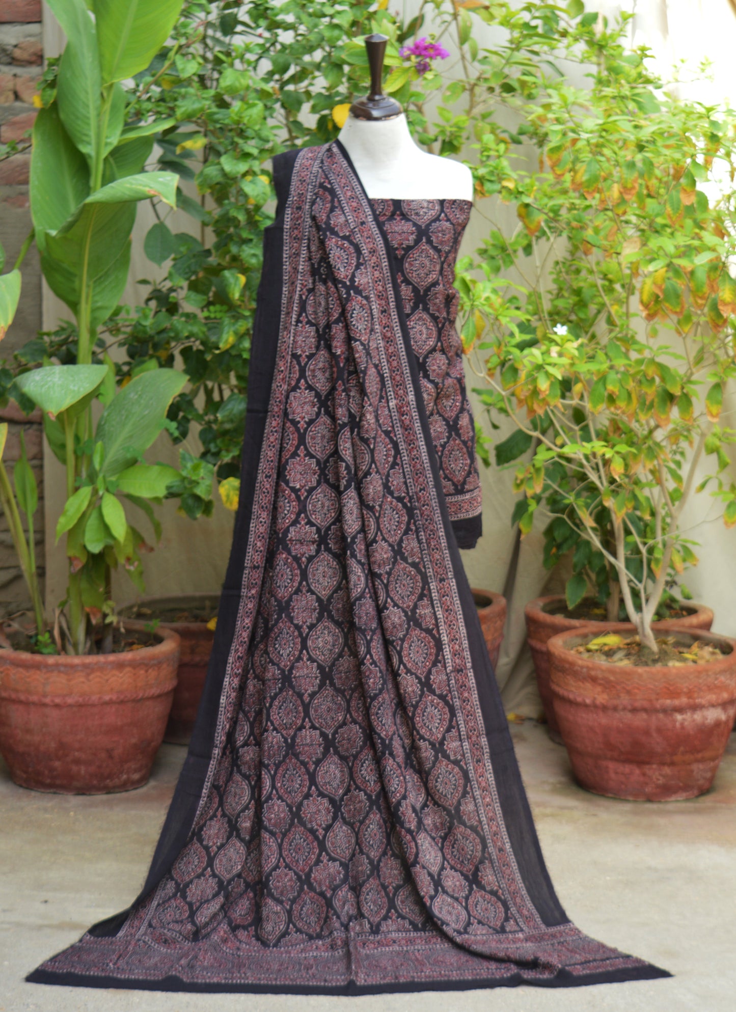 Organic Dye Hand Block Printed Ajrak Design Dress Two Tone Badam – Unstitched Lawn Two-Piece (Shirt & Dupatta)