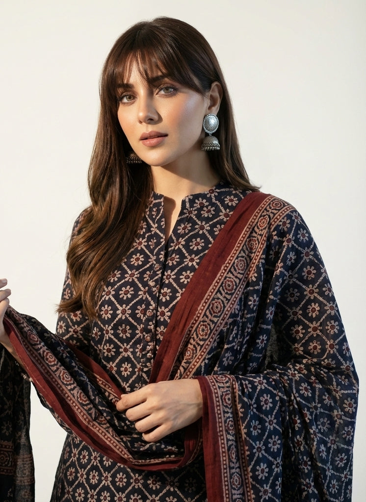 Organic Dye Hand Block Printed Ajrak Floral Jaal Black Two-Piece – Lawn (Shirt & Dupatta)