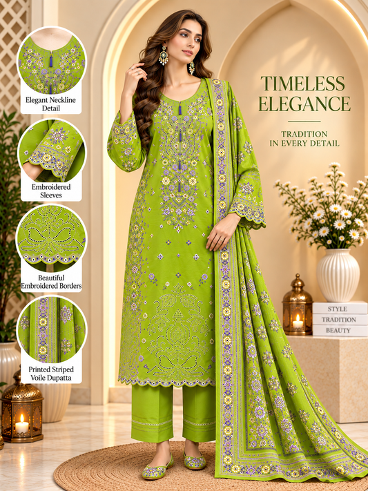Apple Green - 3pcs Ready-to-Wear Cambric Suit