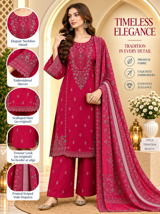 Fucshia Pink - 3pcs Ready-to-Wear Cambric Suit