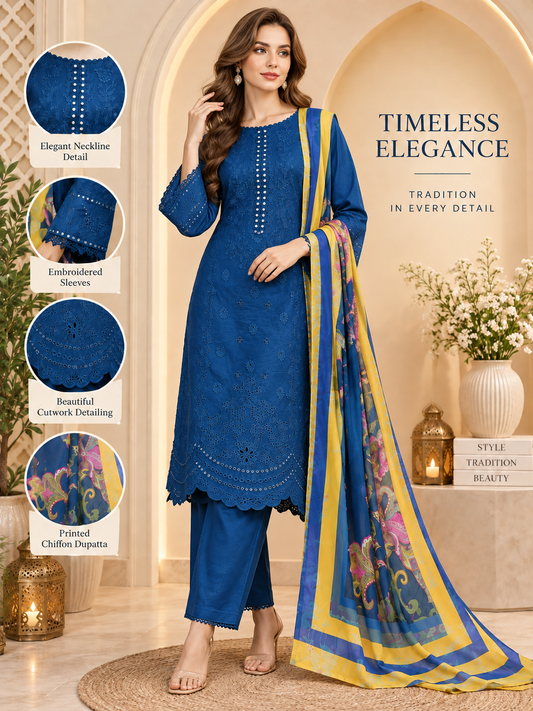 Cobalt Blue - 3pcs Ready-to-Wear Cambric Suit