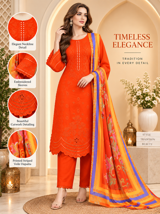 Bright Orange - 3pcs Ready-to-Wear Cambric Suit