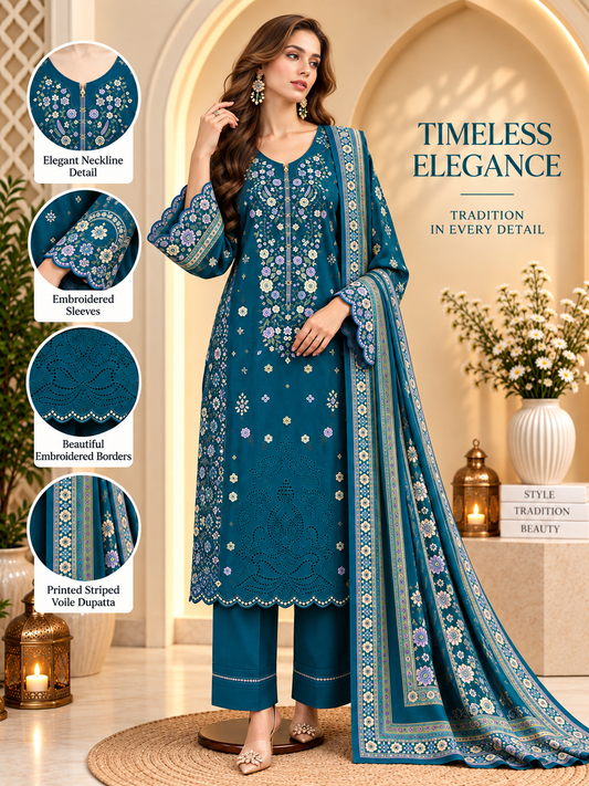 Teal Green - 3pcs Ready-to-Wear Cambric Suit