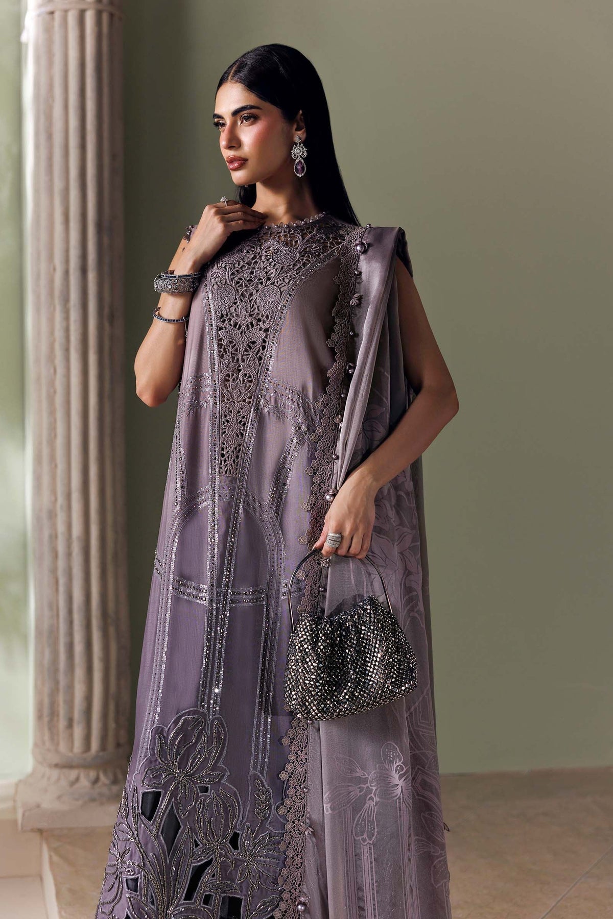 3 Piece Unstitched Embroidered Bell Raw Silk Suit