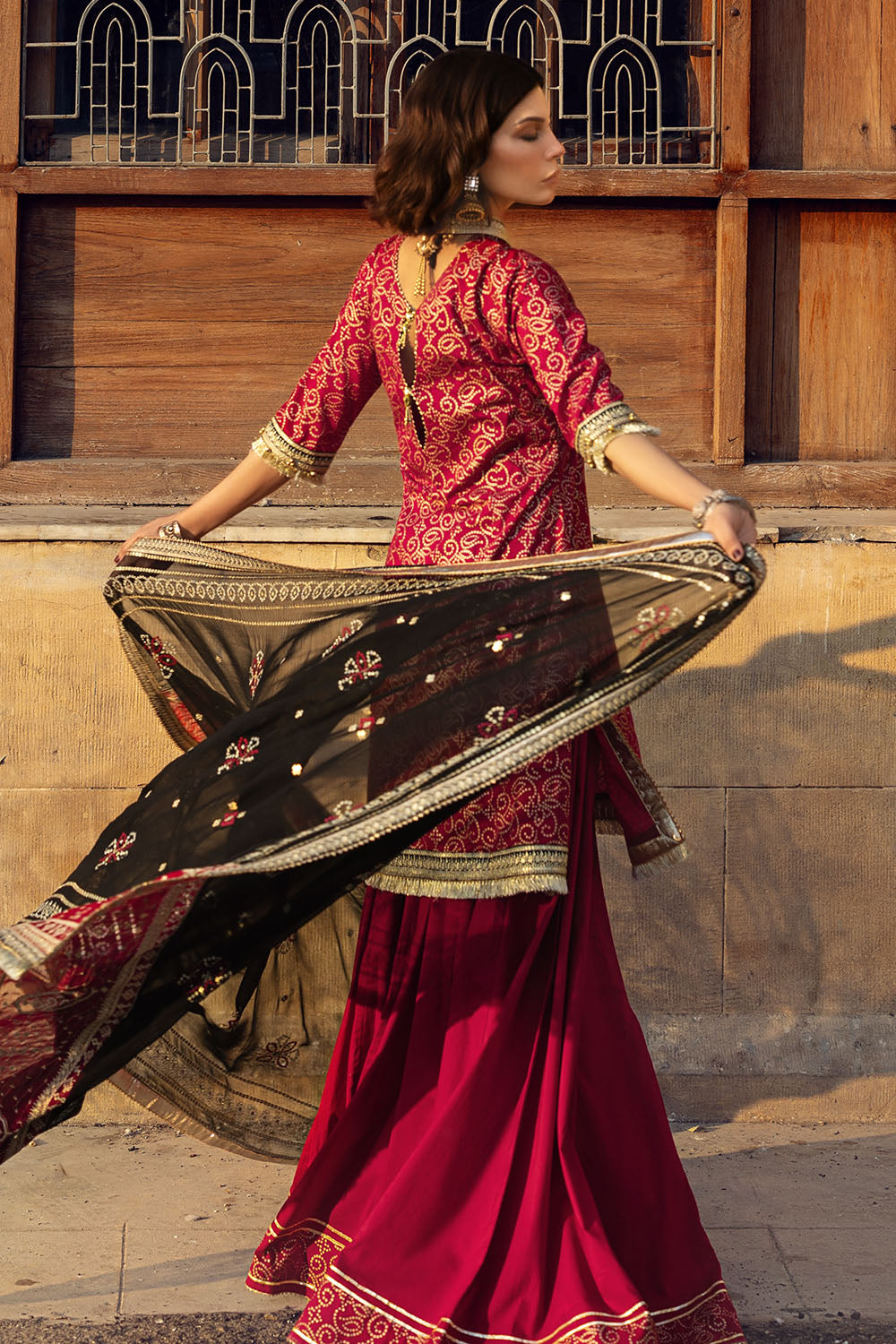 3 Piece Gold Printed Lawn Suit with Zari and Sequins Embroidered Chiffon Dupatta and Dyed Trouser BM-62041
