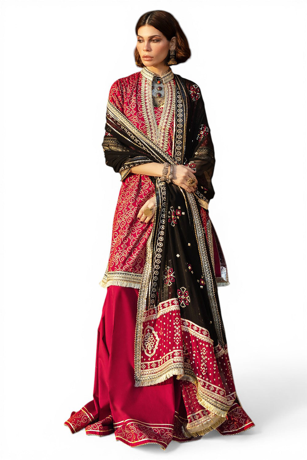 3 Piece Gold Printed Lawn Suit with Zari and Sequins Embroidered Chiffon Dupatta and Dyed Trouser BM-62041