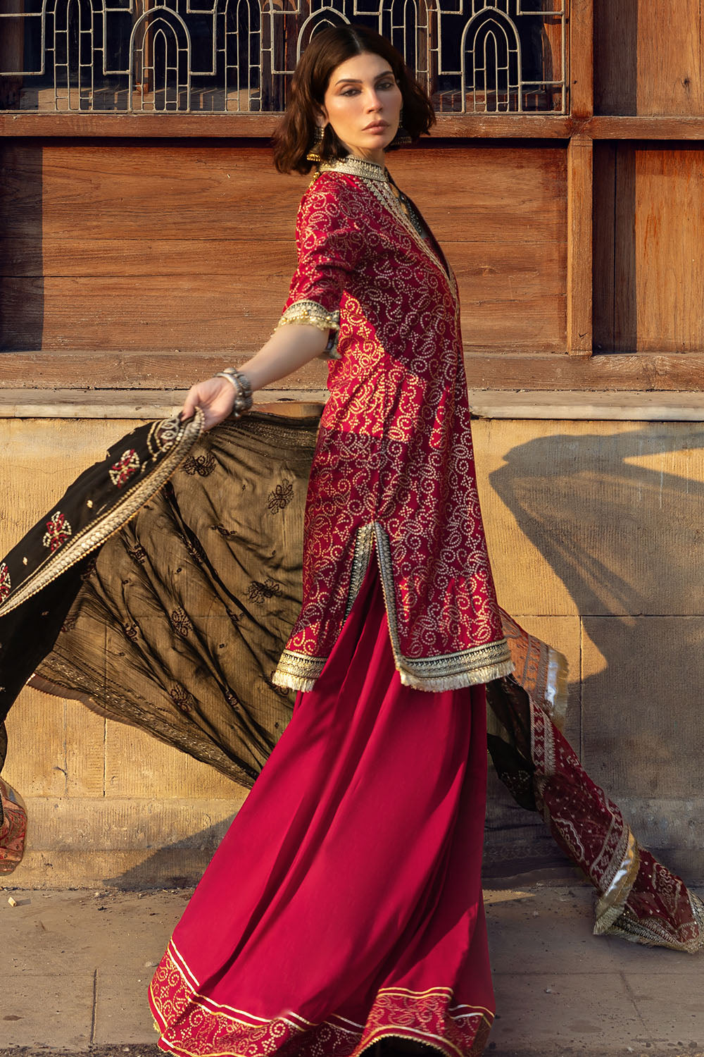3 Piece Gold Printed Lawn Suit with Zari and Sequins Embroidered Chiffon Dupatta and Dyed Trouser BM-62041