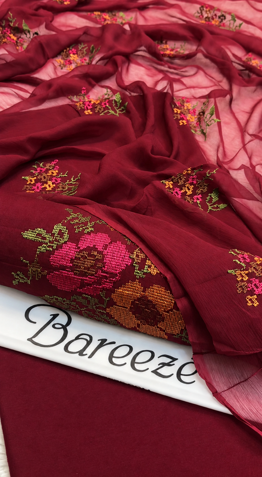 3PC Winter Karandi | Pure Chiffon Dupatta