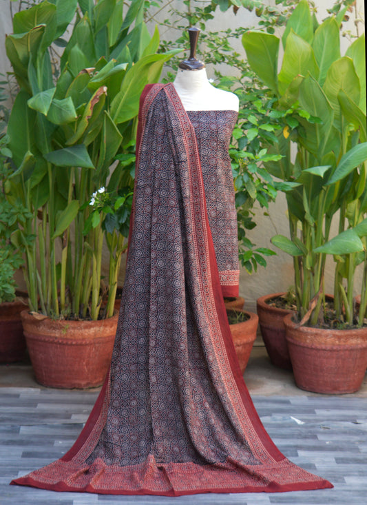 Organic Dye Hand Block Print Ajrak Lawn Dress – Moroccan Black Contrast Shirt & Dupatta (Unstitched, 2.5m Each)