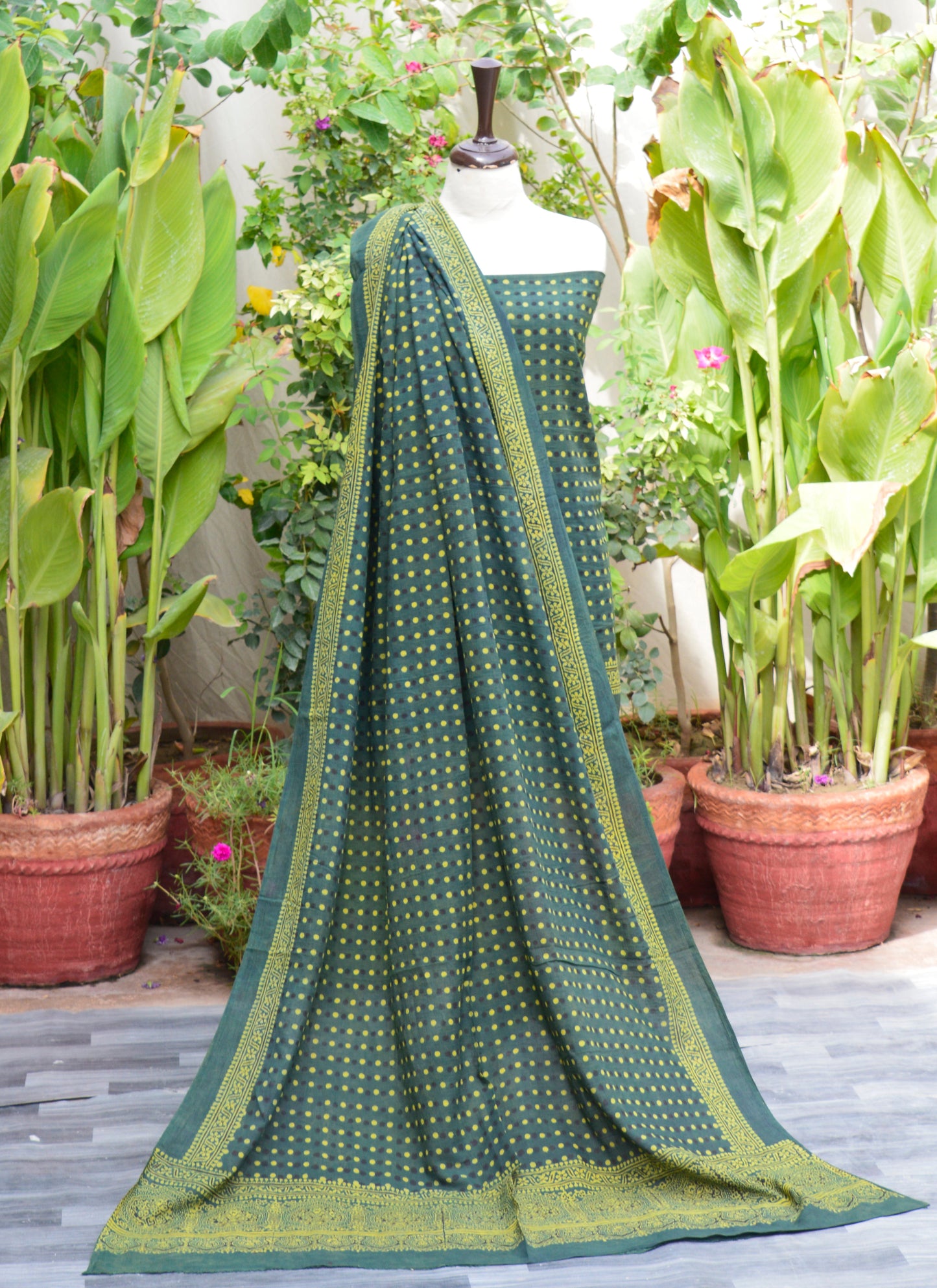 Natural Dye Hand Block Printed Ajrak Green Polka Dot Dress – Eco-Friendly Lawn