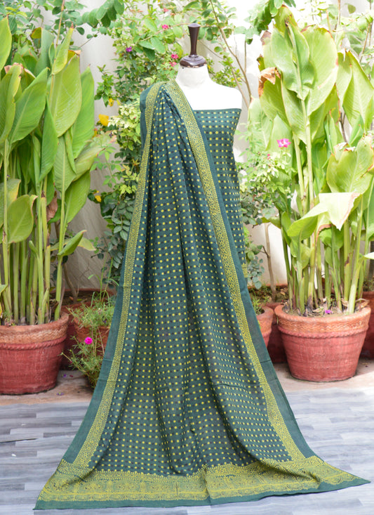 Natural Dye Hand Block Printed Ajrak Green Polka Dot Dress – Eco-Friendly Lawn