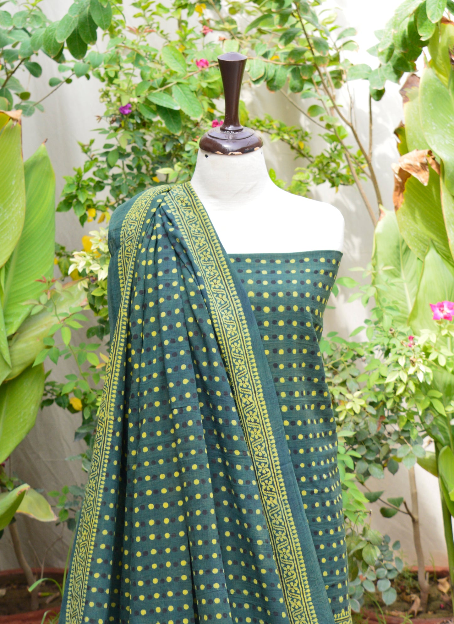 Natural Dye Hand Block Printed Ajrak Green Polka Dot Dress – Eco-Friendly Lawn