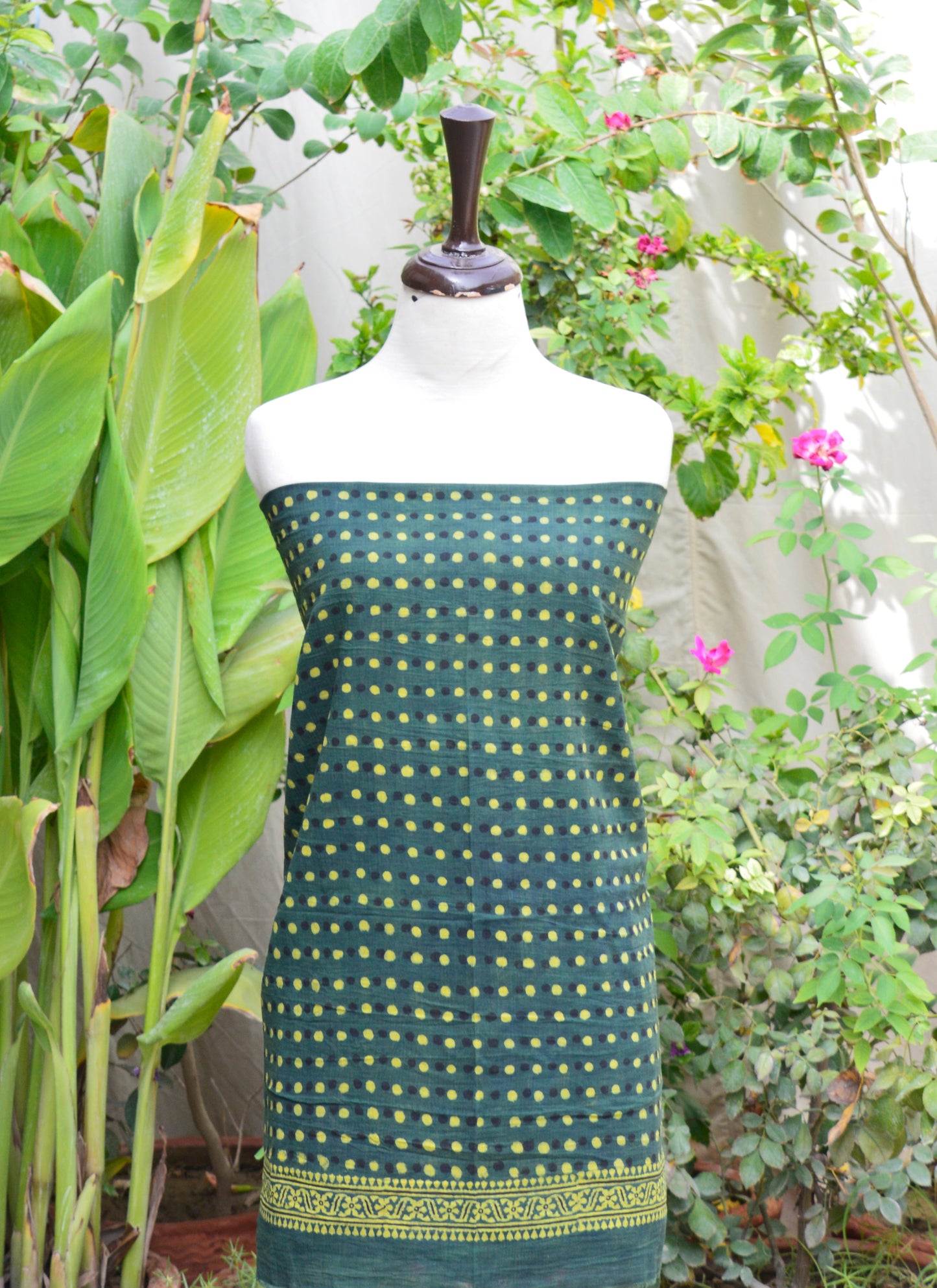 Natural Dye Hand Block Printed Ajrak Green Polka Dot Dress – Eco-Friendly Lawn
