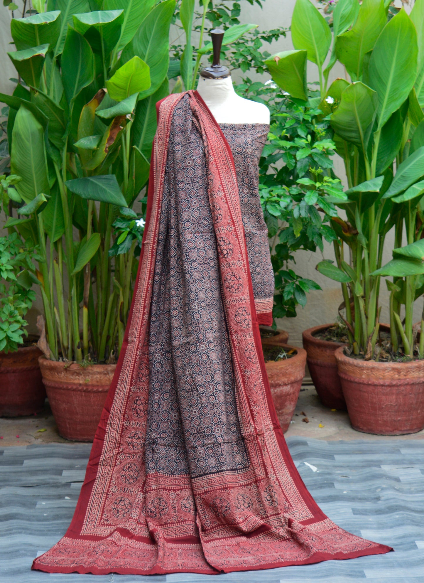 Organic Dye Hand Block Printed Ajrak Classical Two-Piece Set – Unstitched Shirt & Dupatta (Lawn)