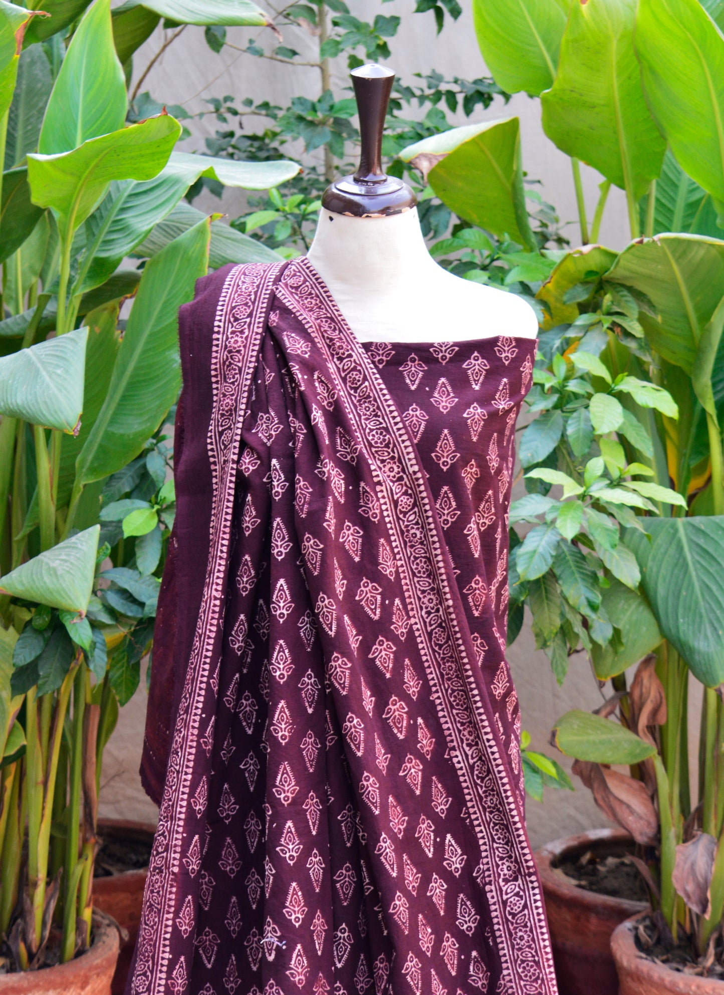 Ajrak Design Dress Floral Butta Two-Piece – Organic Dye Hand Block Printed Lawn (Burgundy Wine)