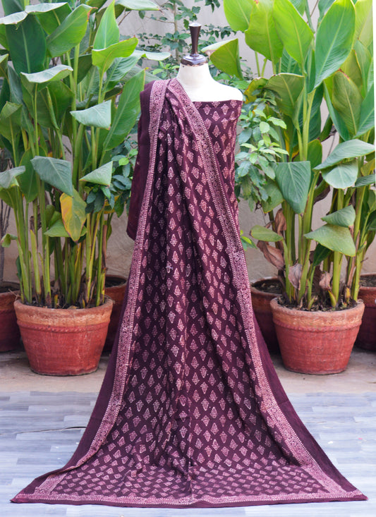 Ajrak Design Dress Floral Butta Two-Piece – Organic Dye Hand Block Printed Lawn (Burgundy Wine)