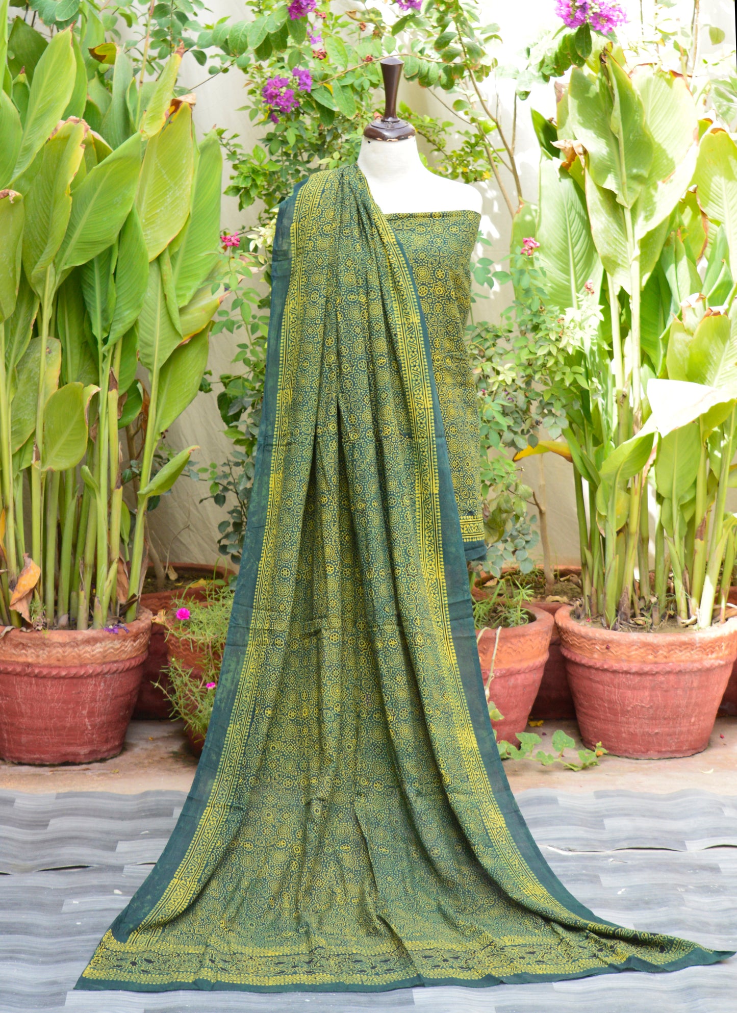 Organic Dye Ajrak Design Dress – Hand Block Printed Green Two-Piece Lawn Set