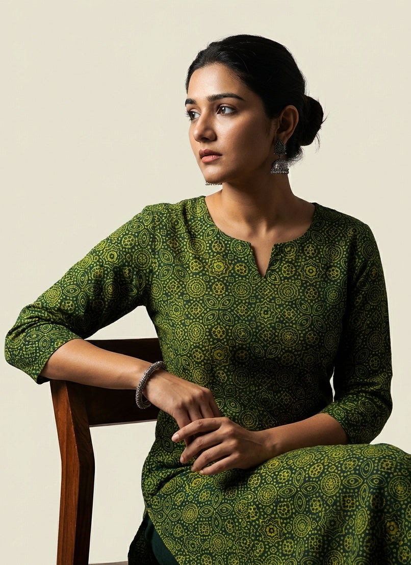 Organic Dye Ajrak Design Dress – Hand Block Printed Green Two-Piece Lawn Set