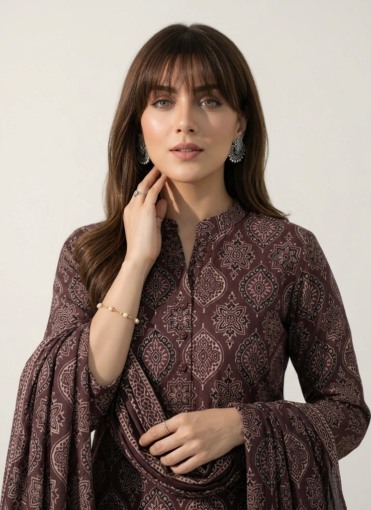 Organic Dye Hand Block Print Badam Feminin Nightshade Ajrak Design Dress Lawn – Unstitched Two-Piece