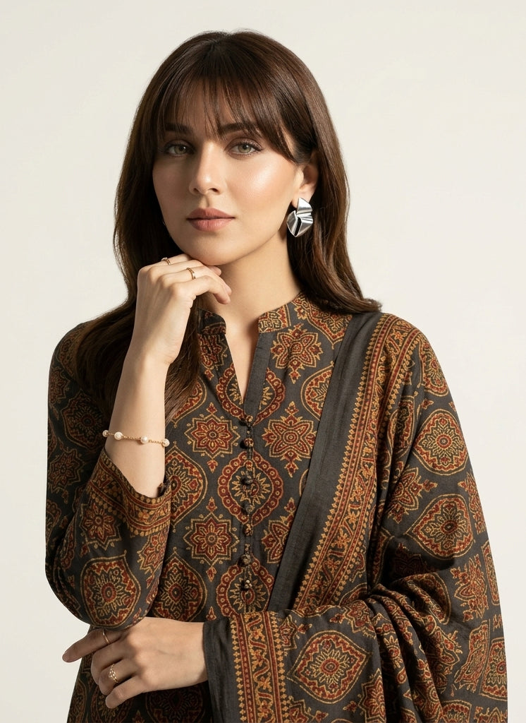 Organic Dye Rang-e-Hina Badam Ajrak Design Dress – Hand Block Printed Unstitched Two-Piece (Shirt & Dupatta)