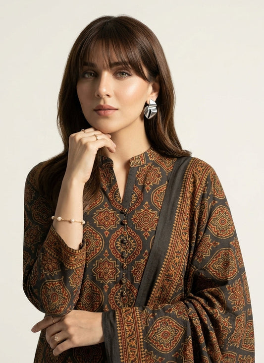 Organic Dye Rang-e-Hina Badam Ajrak Design Dress – Hand Block Printed Unstitched Two-Piece (Shirt & Dupatta)