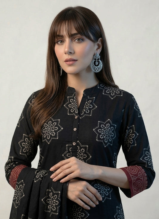 Organic Dye Ajrak Black Starry Lawn Suit – Hand Block Printed Unstitched Two-Piece (Shirt & Dupatta) | Ajrak Design Dress