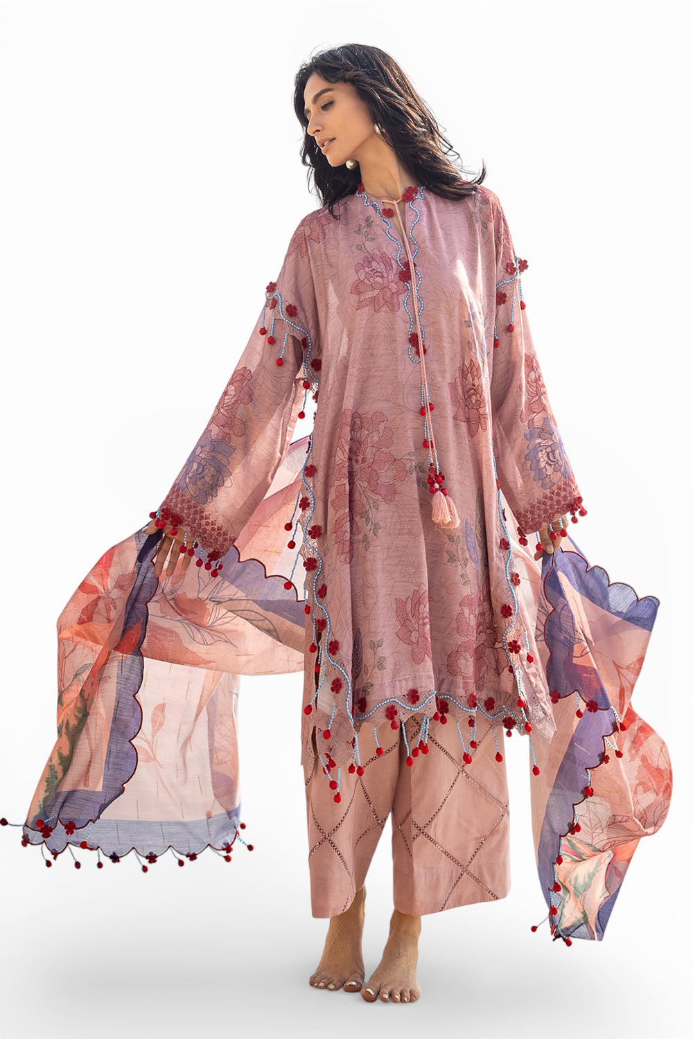 3 Piece Embroidered Printed Paper Cotton Suit with Zari Dupatta FE-52085