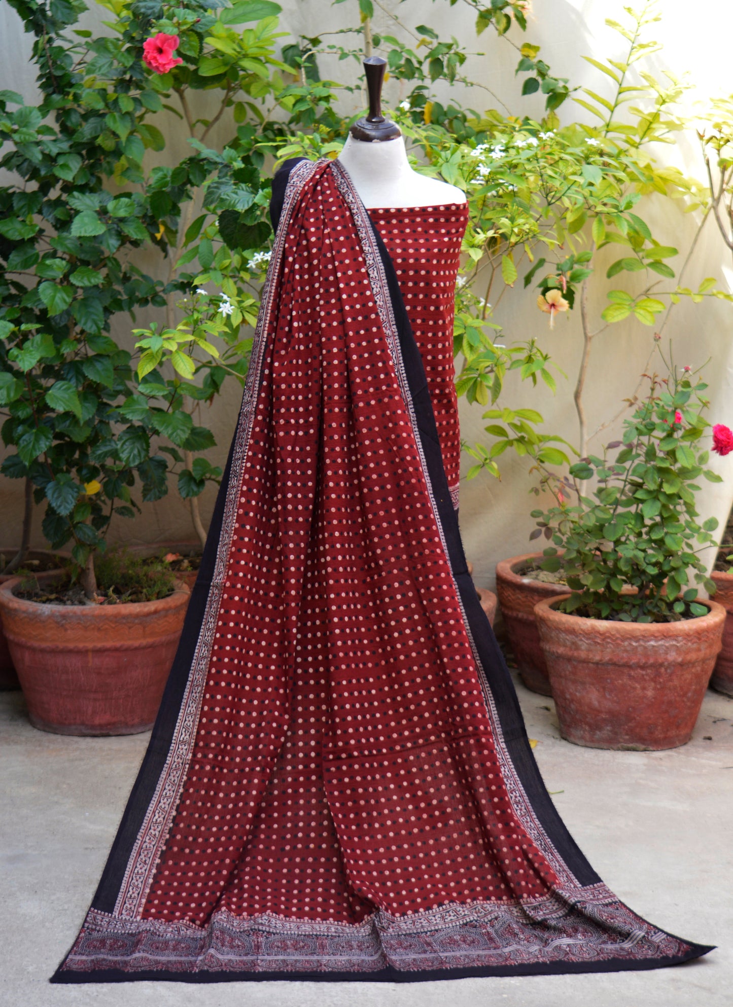 Ajrak Maroon Red Polka Dot Shirt & Dupatta Set Lawn – Luxury Organic Dye Hand Block Print Ajrak Design Dress