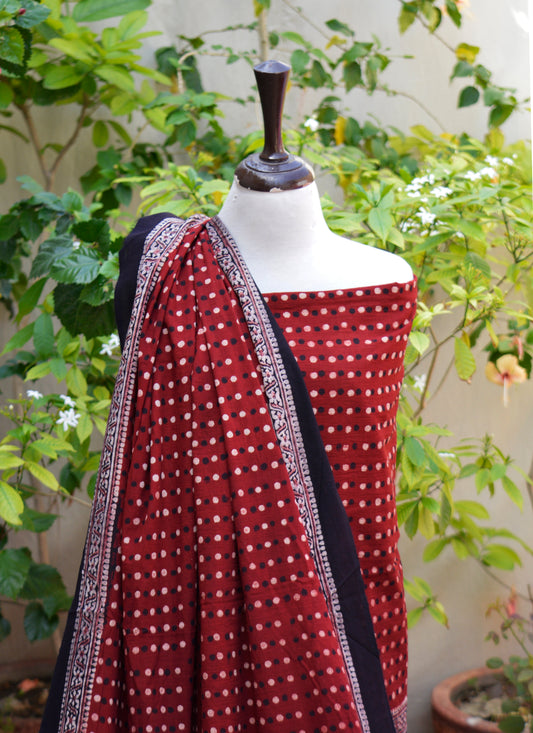 Ajrak Maroon Red Polka Dot Shirt & Dupatta Set Lawn – Luxury Organic Dye Hand Block Print Ajrak Design Dress