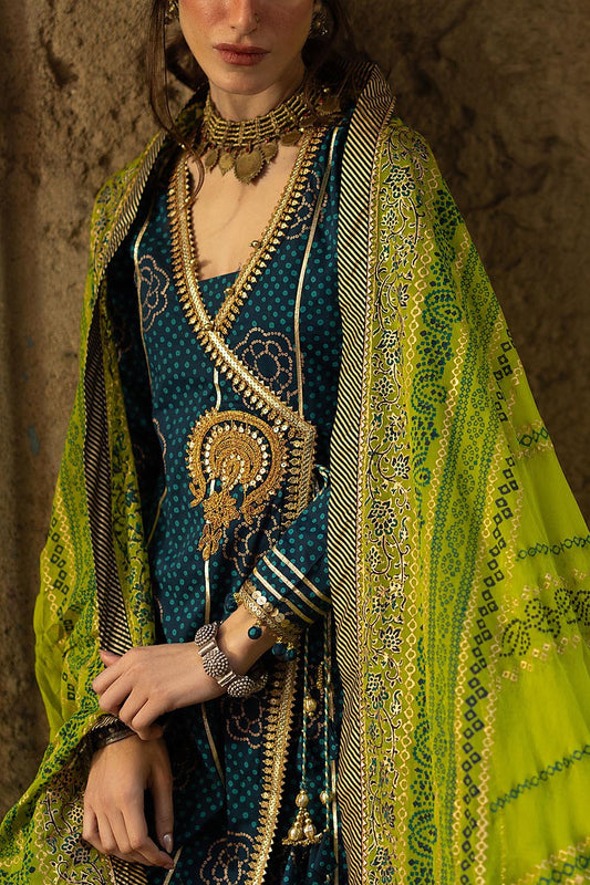 3 Piece Gold and Lacquer Printed Lawn Suit with Gold and Lacquer Printed Chiffon Dupatta and Dyed Trouser BM-62025