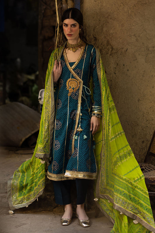 3 Piece Gold and Lacquer Printed Lawn Suit with Gold and Lacquer Printed Chiffon Dupatta and Dyed Trouser BM-62025